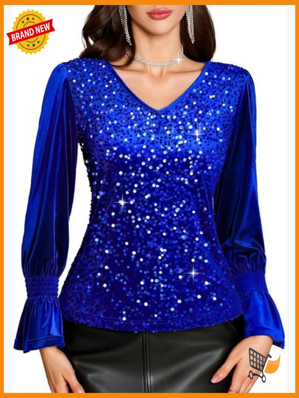 Long Sleeve Velvet Sequin V-Neck Tunic Top Party Blouse